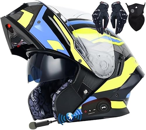 Casque De Moto Modulaire Bluetooth, Intégral, Rabattable, Double Visière, Homologué Dot/ECE, avec Double Haut-Parleur Et Microphone, pour Adultes, Hommes Et Femmes E,XL(61~62CM)