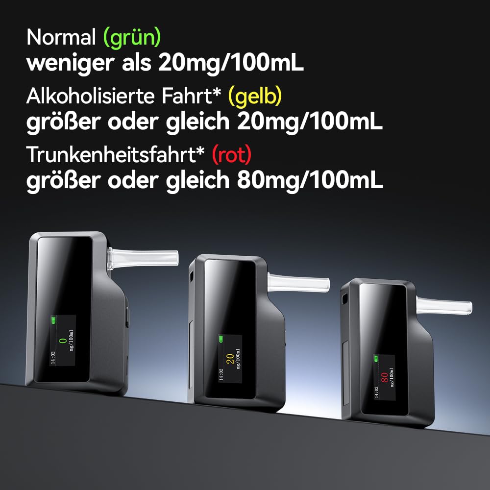 ZBK Hochpräziser Alkoholtester, elektrochemischer Atemanalysator, digitaler genauer Alkoholtester - 100 Aufzeichnungsspeicher, Typ-C Schnellladung, einstellbare Einheiten & Zeit für den persönlichen