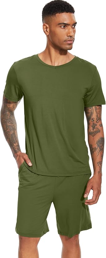 WiWi Mens Pajamas Set Soft Short Sleeve Pj Sleepwear Top and Shorts Pajama Sets Loungewear-Viscose from Bamboo S-3X