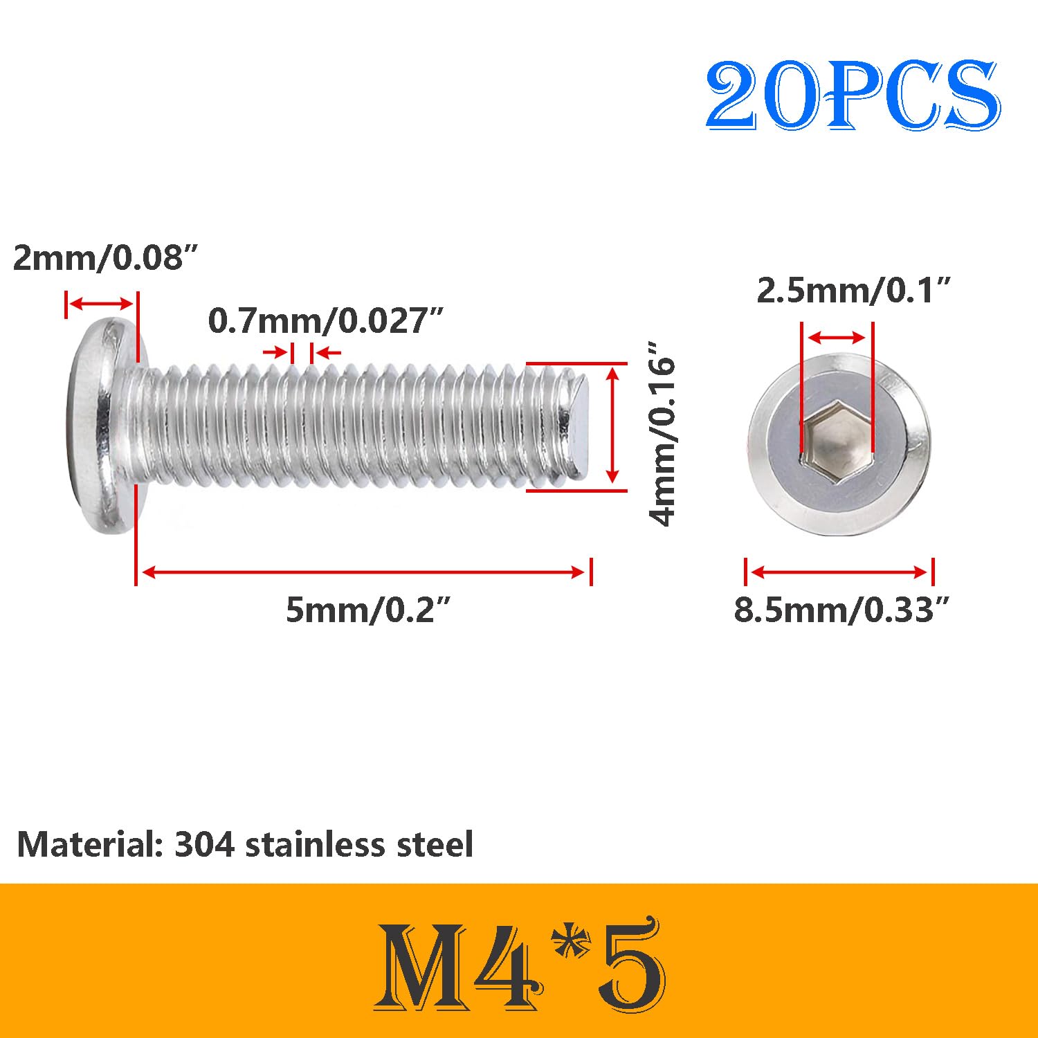 20 Pezzi Bulloni Completamente Filettati M4 x 5mm Viti a Esagono Incassato a Testa Piatta, Viti a Macchina Acciaio Inox 304