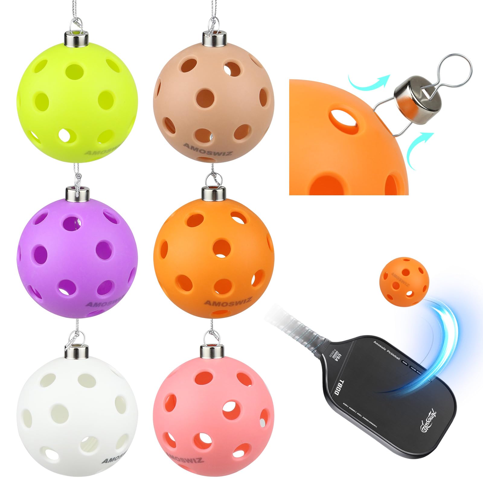 Amoswiz Indoor Pickleball Balls, 6 Pack of 26 Holes Pickleballs with Hooks, USAPA Approved Indoor Pickleballs Set, Pickle Ornaments for Christmas Tree Decoration, Funny Gifts for Men & Women โ image 1