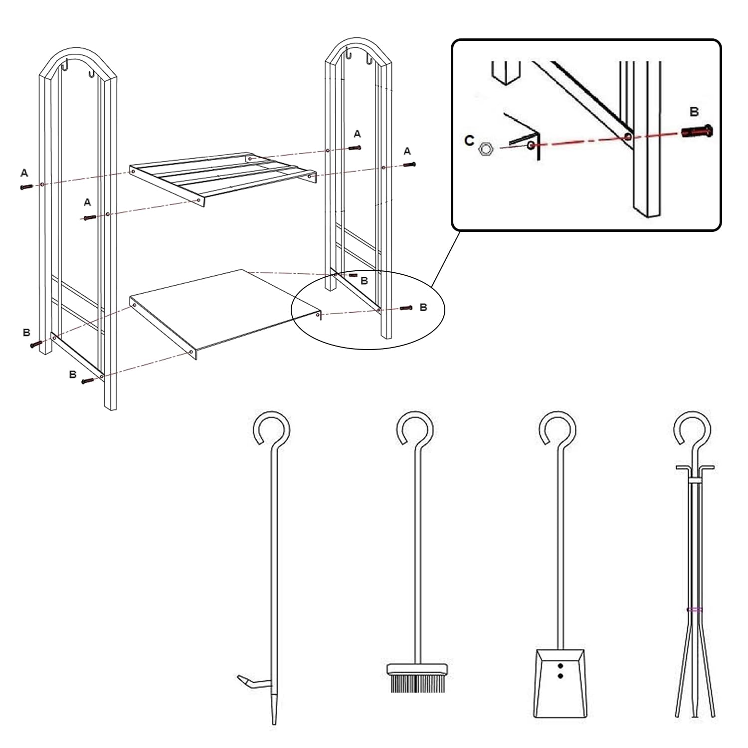 37x33x74cm Soporte de Madera de 2 Niveles Metálico Leñera Registro de Leña con 4 Herramientas Estantería para leña Soporte para Leña para Interiores y Exterior