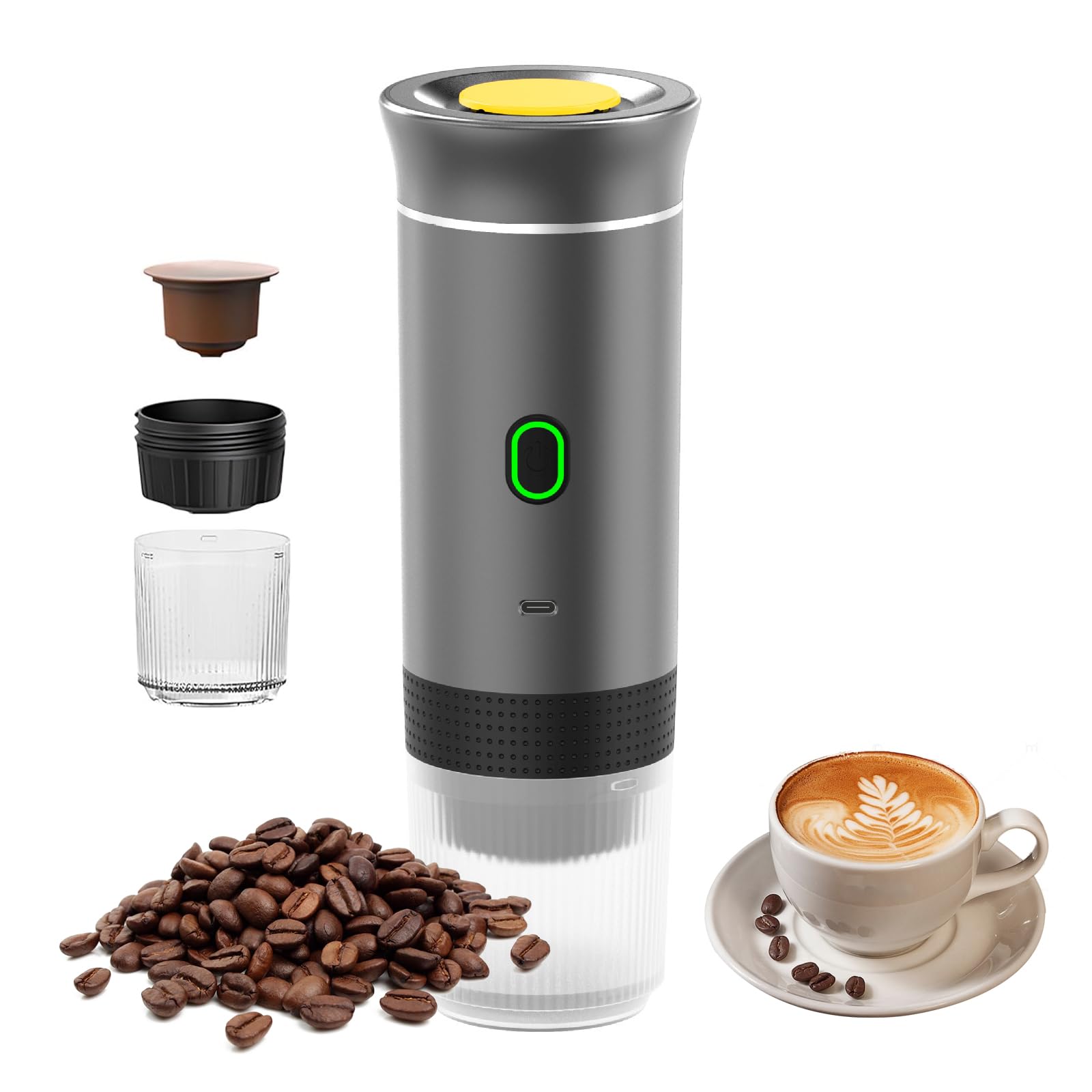 Máquina de café espresso portátil, 3 en 1, eléctrica, autocalentadora, de camping, mini cafetera de coche, recargable, 12 V con USB-C compatible con café molido y cápsula NS