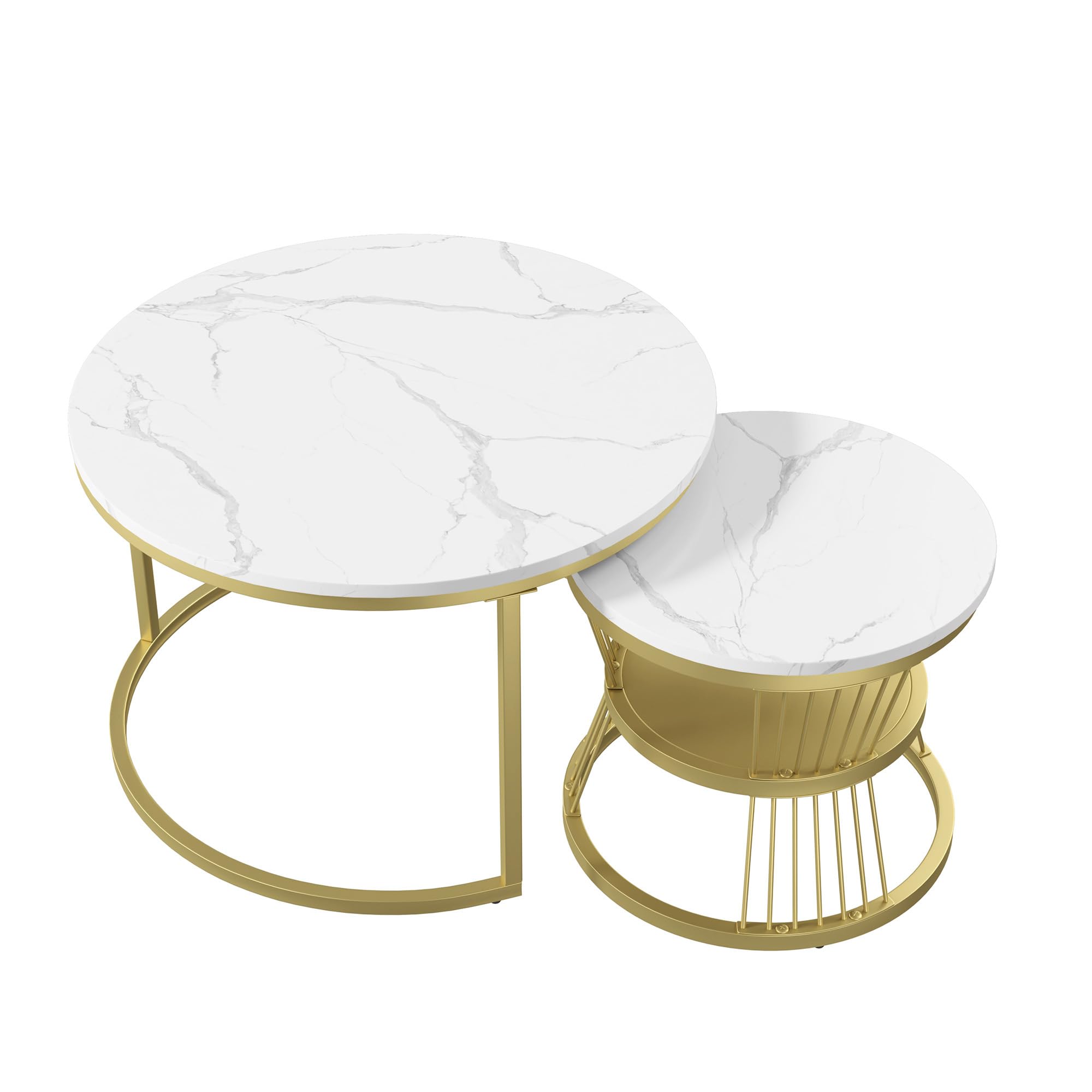 Juego de 2 mesas bajas redondas, conjunto moderno de mesa gigogne de diseño de mármol, con espacio de almacenamiento, marco de metal, para sofá, sala de estar, dormitorio (dorado A, 70 x 70