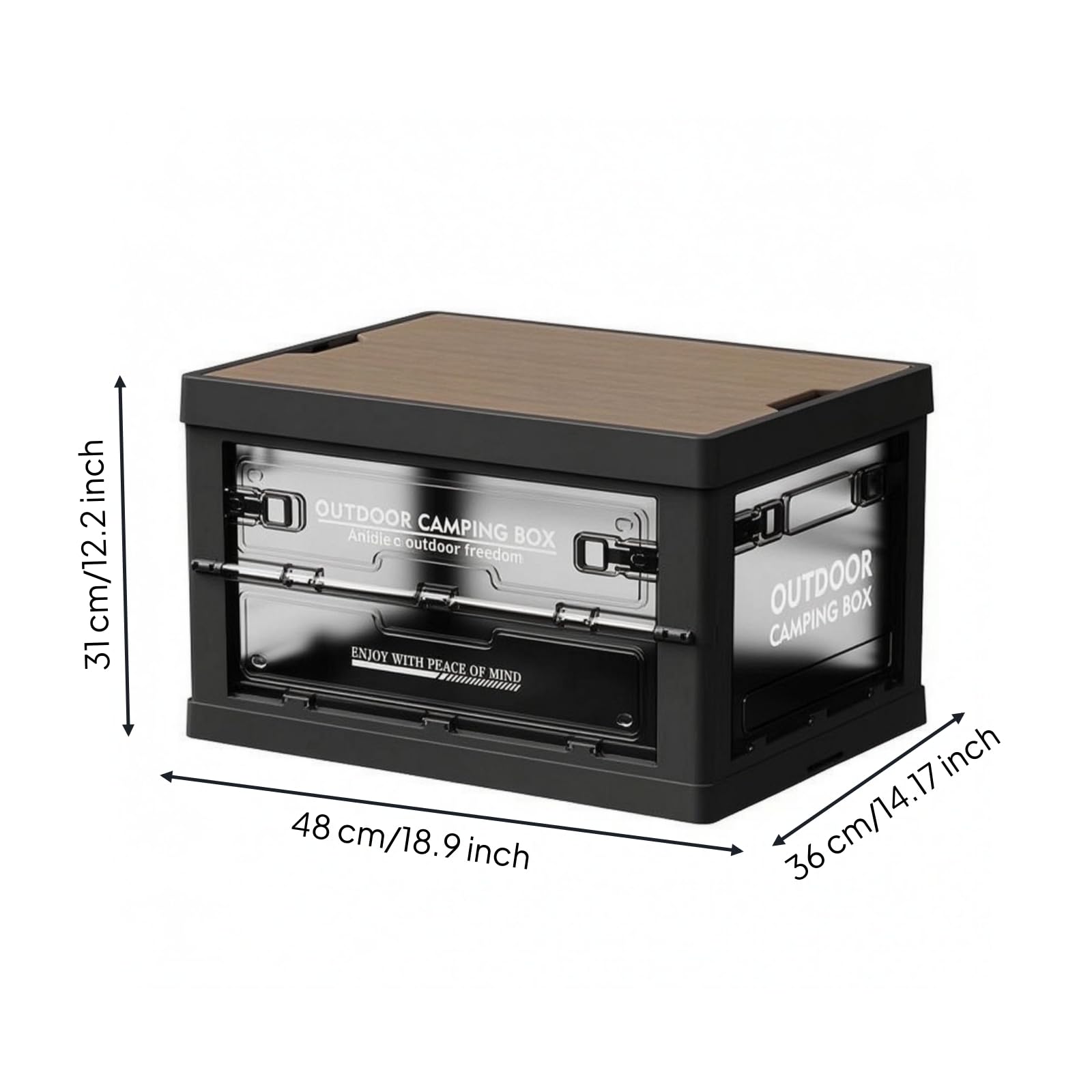 Outdoor Aufbewahrungsbox Faltbox Klappkiste Stapelbox Kiste mit Fünf Seitlichen Zugängen Und Sicherem Riegelverschluss aus PP Holzplatte für Camping, Transparent Schwarz