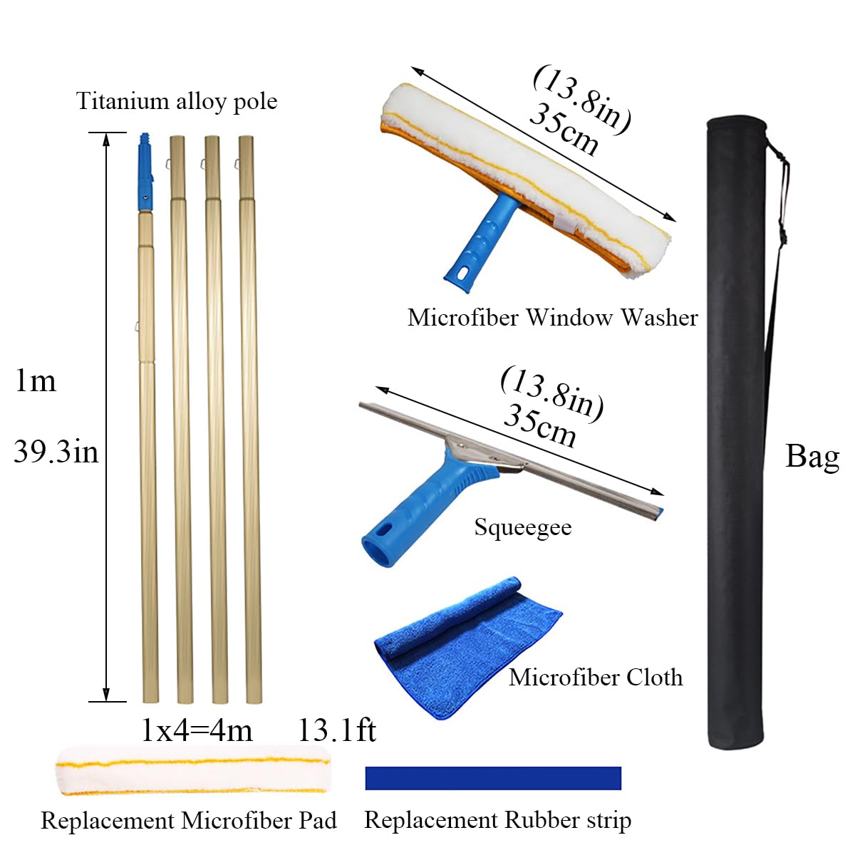 Fensterabzieher, Fensterwischer mit Verlängerungsstange Einer Gesamtstangenlänge von bis zu 4m, Fensterwischer Breite 36cm Schlierenfrei für Innen-/Außen Glas Fliesen, Gelb