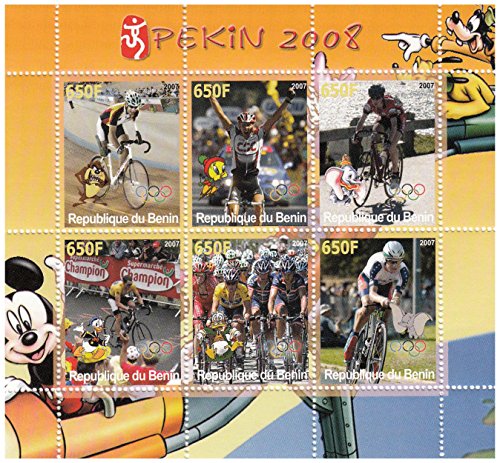 Francobolli Disney per collezionisti con un tema olimpico. Emesso da Benin per i Giochi Olimpici del 2008 a Pechino, i 6 francobolli dispongono di ciclismo e ogni mostra anche un personaggio Disney. Topolino e Pippo si vedono nei margini, insieme con il l