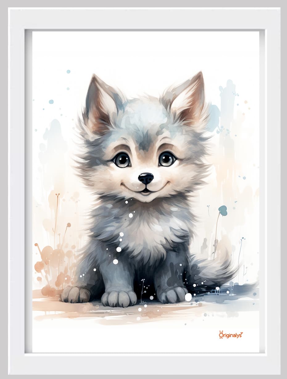 Originalys Animaux, Lot de 6 affiches A4, pour chambre d'enfant, Bébés animaux, Loup, Écureuil, Guépard, Panda rouge, Renard et Pingouin. Posters pour fille, garçon et bébé. (Sans Cadre)
