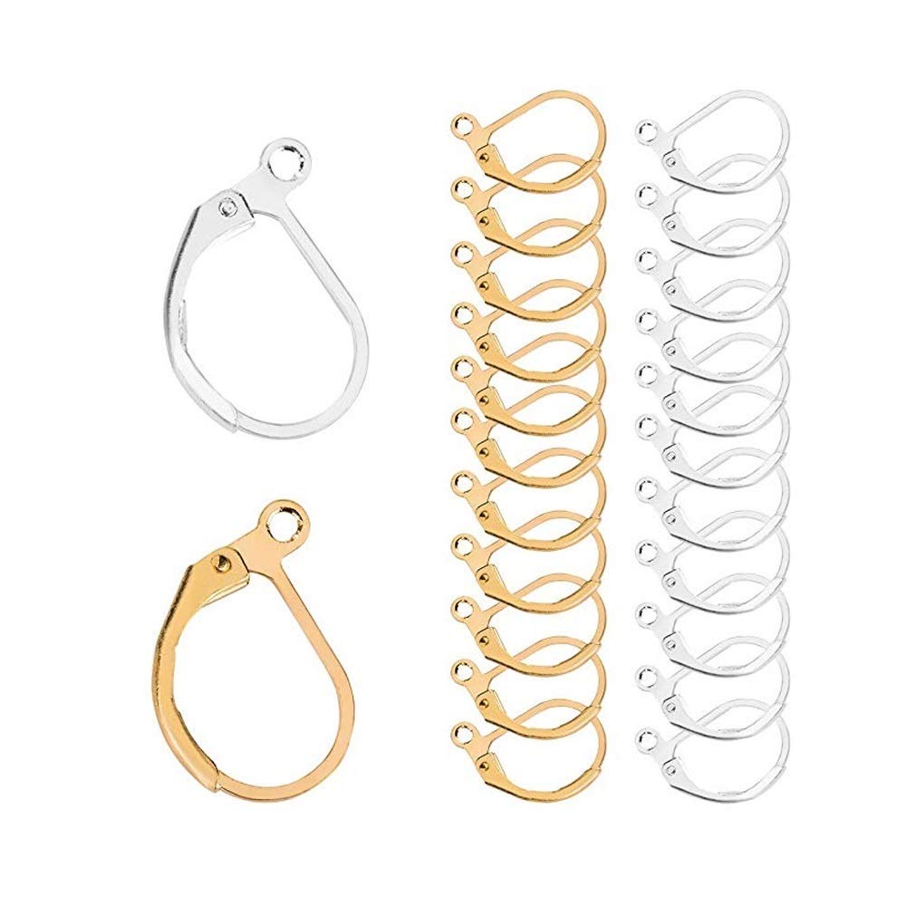 120Pcs Lever Back Ear Wires, TQsuen Hypoallergenic Leverback Earwire Earring Hooks Open Loop for Jewelry Making Findings, 60 Gold and 60 Silver