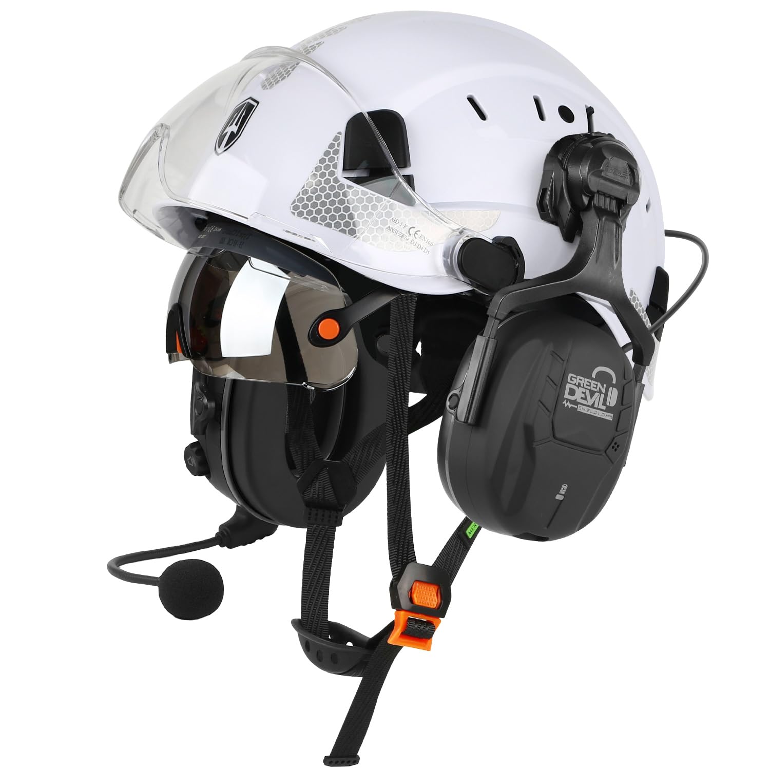 GREEN DEVIL Mervex Vent Set - EN397 & EN166 zertifizierter Industrieschutzhelm mit Doppelvisier + Shield LD Aktives Bluetooth Gehörschutz SNR 32dB