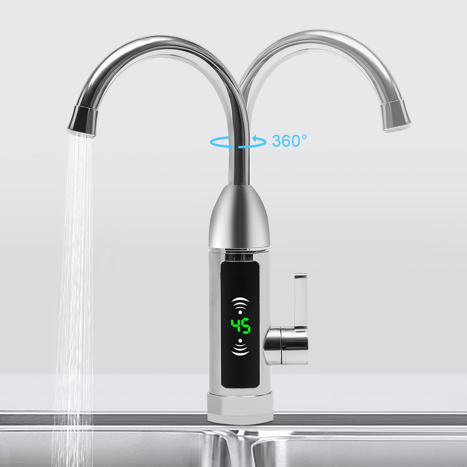 Elektryczny podgrzewacz wody, kran, 3000 W, obracany o 360°, stal nierdzewna, 25-60°C, do kuchni i łazienki