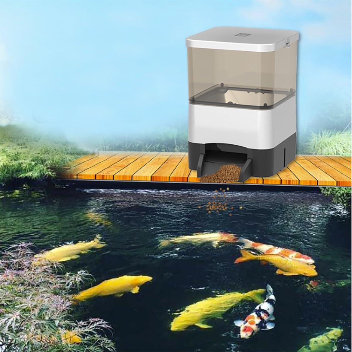 Mangiatoia Per Pesci Ad Energia Solare, Distributore Automatico Di Cibo con grande capacità di 10 litri, Per Pesci Da Laghetto, per alimentazione di carpe koi da esterno