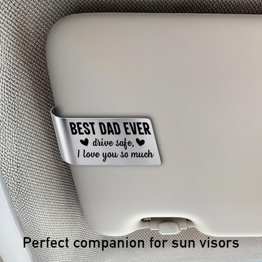 Best Dad Ever Drive Safe I Love You Visor Clip for Cars, Daddy Birthday Gifts Ideas for Men, Fathers Day Best Dad Gifts, Dad Present from Son Daughter, Car Accessories for Father (Large)