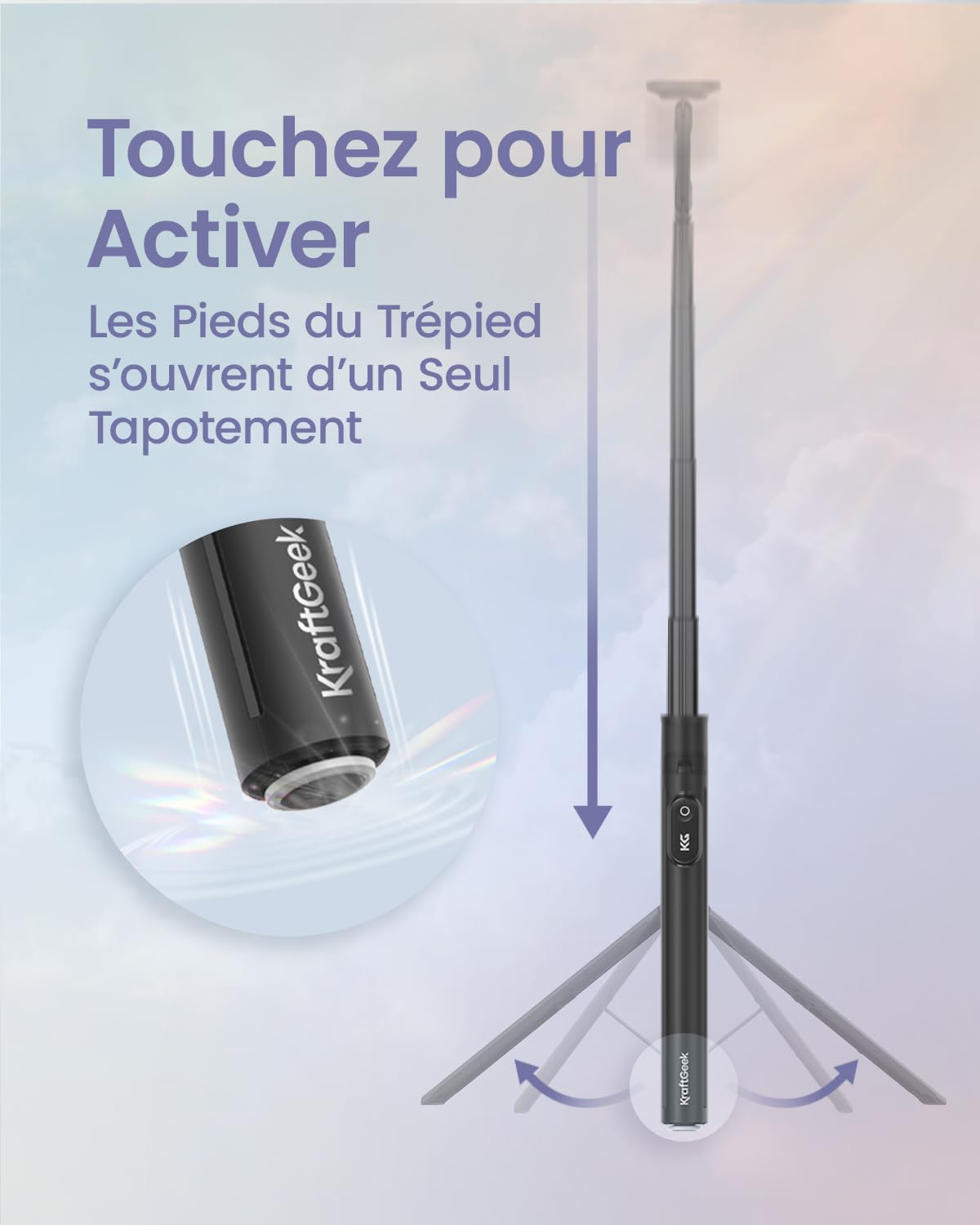 KraftGeek 168cm Trépied Smartphone Compatible avec MagSafe, Perche à Selfie Magnétique à Ouverture Automatique pour iPhone, Trépied Téléphone Portable avec Télécommande pour Samsung/Android, Noir