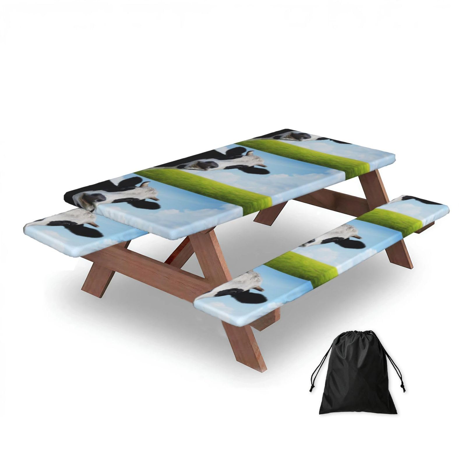 Dopklna As Picture Funny Cow, Picnic Table Cover With Bench Covers -Waterproof Elastic Fitted Tablecloth For Garden Camping Patio 76X152cm