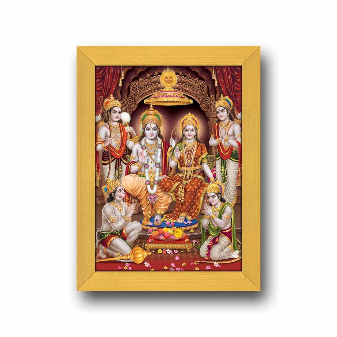 pnf Poster N Frames Ram darbar Religious Golden Wood Photo Frame with Acrylic Sheet (Glass) for Worship/Pooja with table stand and wall mount-26219-(6x8 inch, Multicolour, Small)