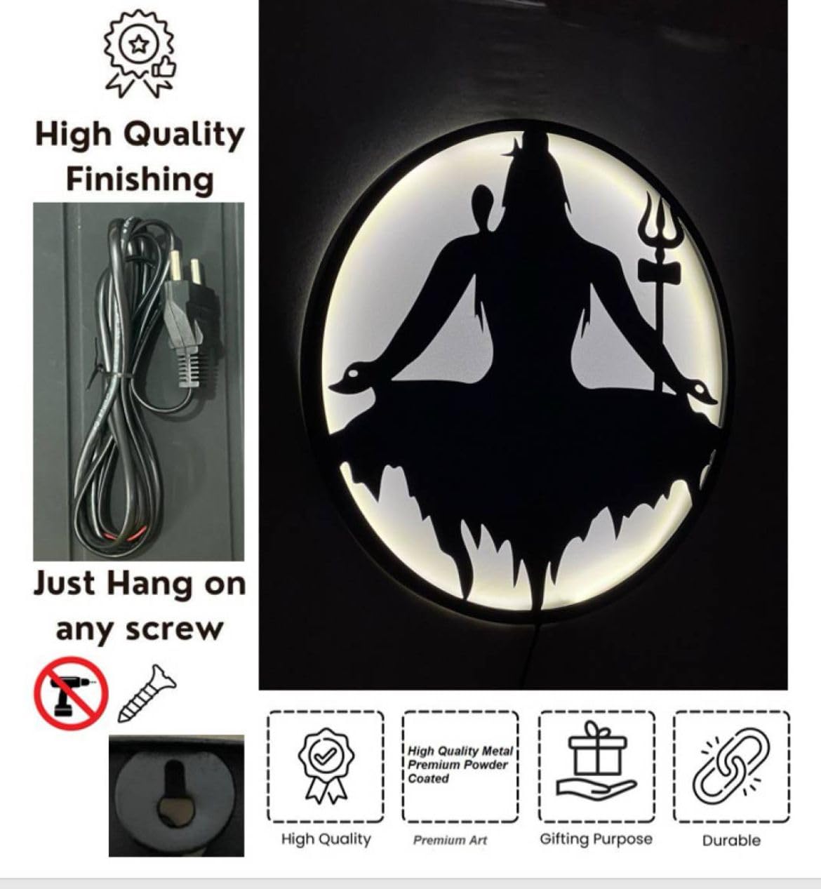 M.K Handicraft Backlit Lord Shiva 24 Inch Mahadev Metal 3D Wall Art with Led Backlight Decorative Showpiece - 60 cm (Iron,Black) (Black) 4