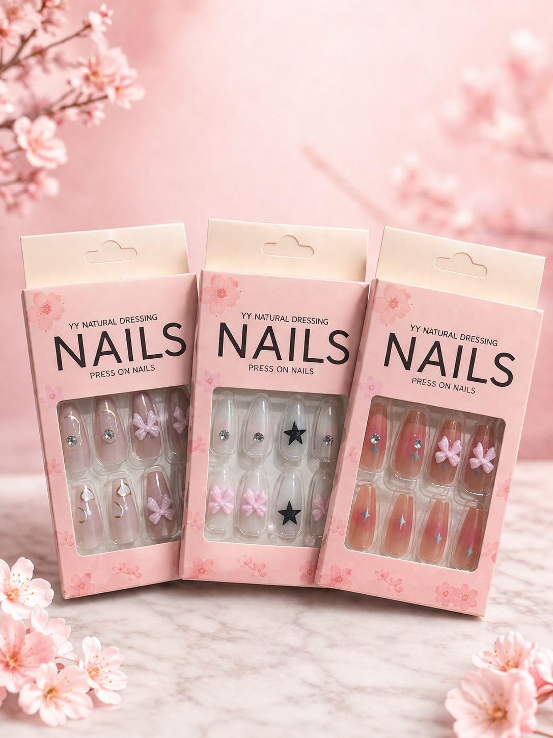 Press-On Artificial Nails Set, Pack of 3 Boxes, Random Colors with Glitter, Romantic Cool Collection-image-21