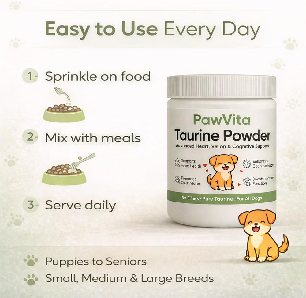 Pawvita Pure Taurine Powder, Paw VitaTtaurine Supplement for Dogs, Supports for Heart, Vision & Daily Wellness in Dogs – 99.9% Pure Taurine Powder (1)