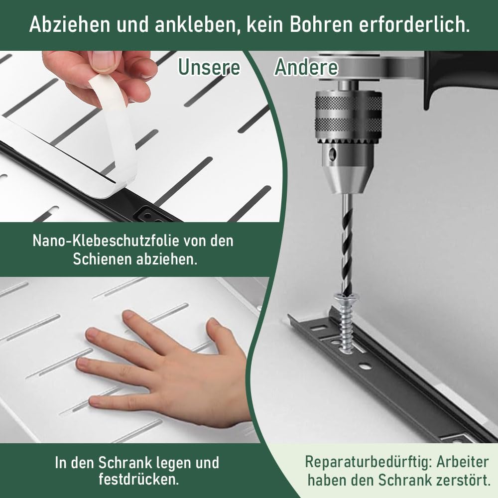 Ausziehbare Schubladen, Vielseitiger Teleskopschublade Küchen Organizer | Verstellbare Breite 32–52 cm, Tiefe: 52 cm