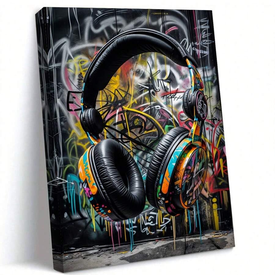 LMYCHENG Abstraktes Urban DJ-Kopfhörer-Poster, Retro-Musik-Graffiti-Bild, Street-Pop-Art-Ölgemälde, Kinderzimmerdekoration für Teenager und Männer (30 x 40 cm/rahmenlos)