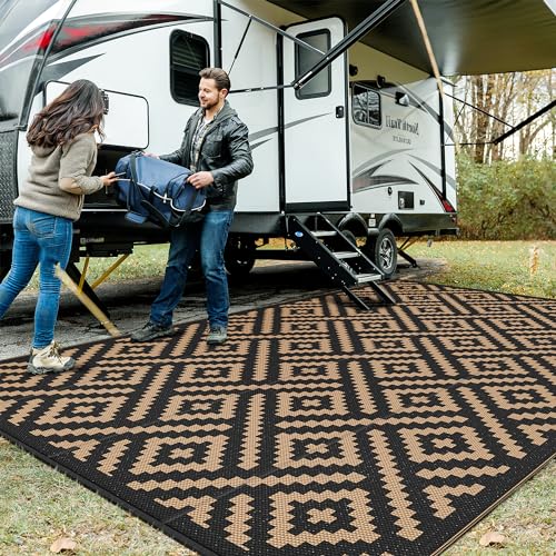 Image of GENIMO Outdoor Rug, Waterproof Plastic Rugs 10'x14' for Camping Black Brown | Outside Larger Modern Carpet Mat for Patio Decor, RV, Porch, Camper, Deck, Picnic, Beach, Backyard, Reversible, Foldable