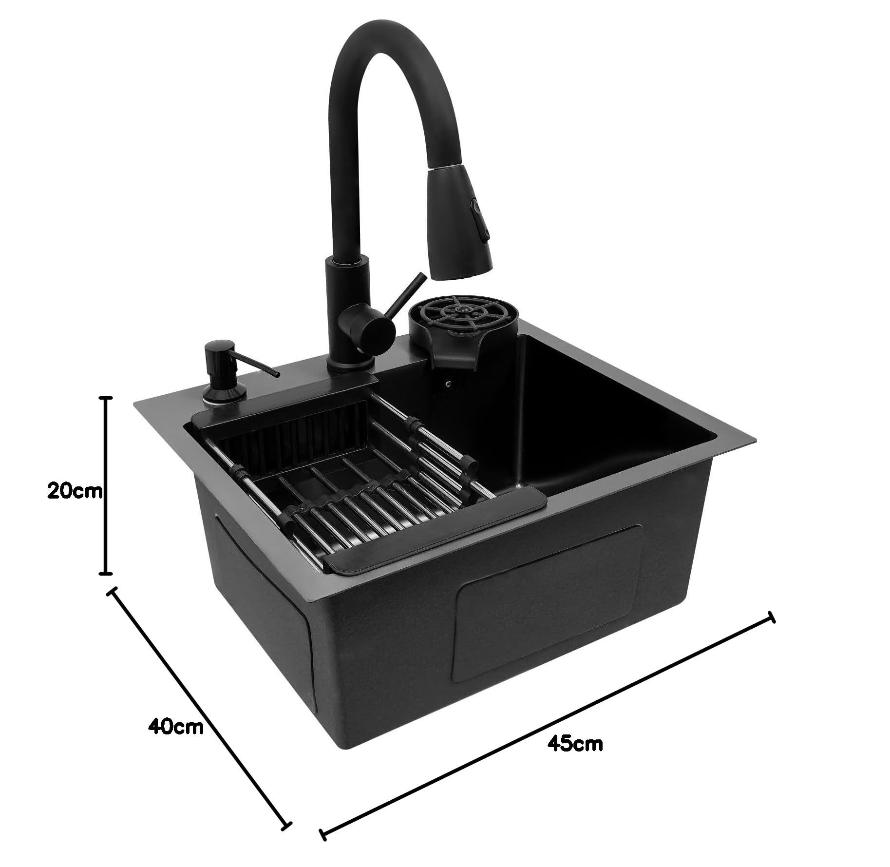 Spüle Schwarz Spülbecken Schwarz 40x45cm Einbauspüle X-förmige Leitlinie Waschbecken Küche Küchenspüle inkl Ausziehbare Wasserhahn, Tassenspüler, Abtropfkorb und Seifenspender