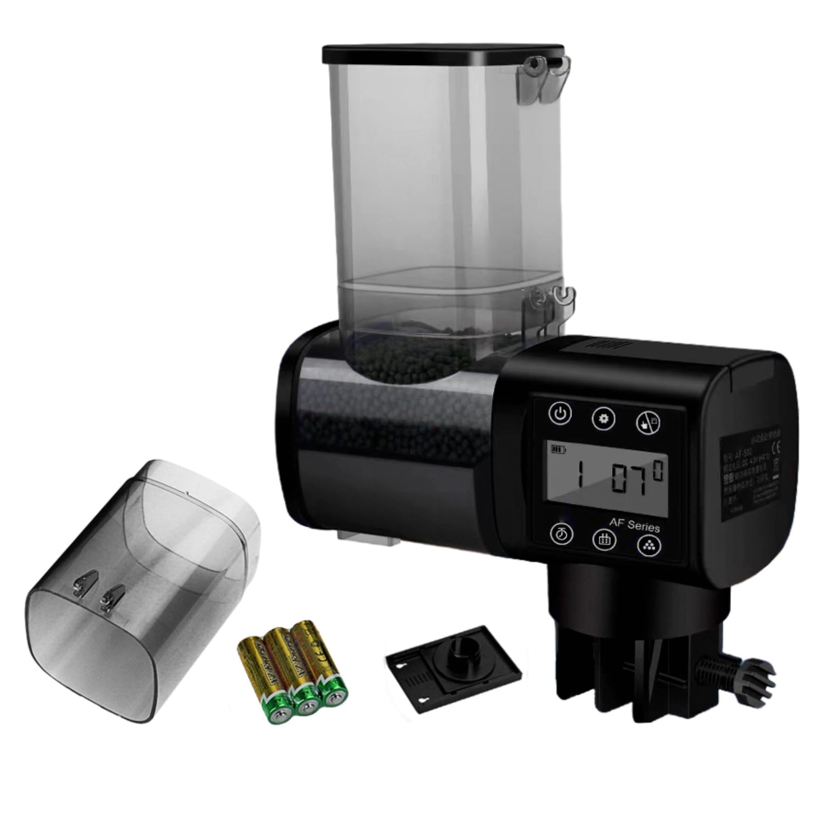Mangiatoia automatica per pesci per acquario, 250 ml, alimentazione temporizzata regolabile, doppio montaggio, indicatore visivo, batterie incluse, per mangime in pellet fino a 3 mm, con scatto