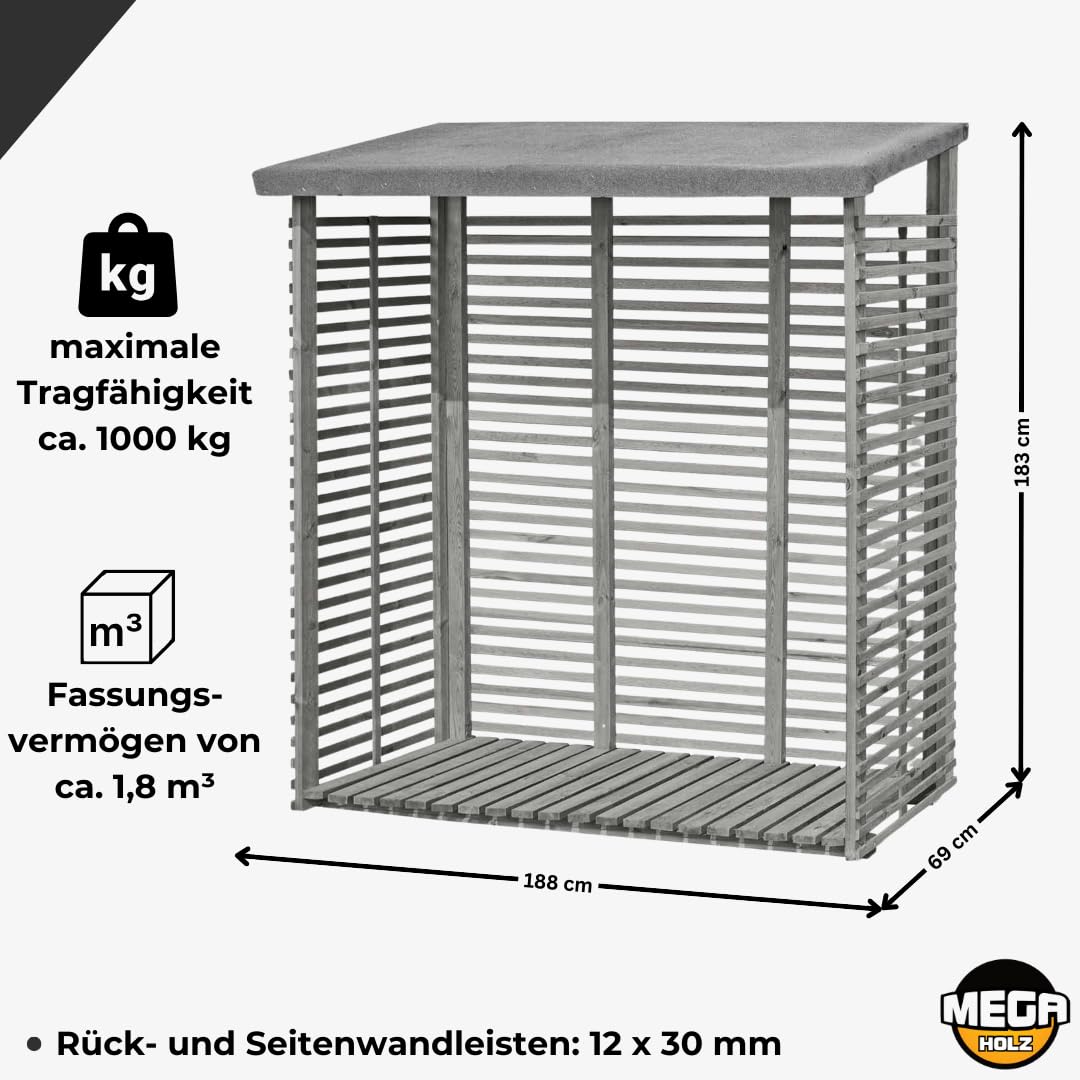 Mega Holz Kaminholzregal für außen mit Rückwand aus imprägniertem Holz 1,8m³ Brennholzlager 188 x 69 x 183 cm Holzunterstand für Kaminholz Perfekte Holzstapelhilfe/Feuerholzregal für den Garten