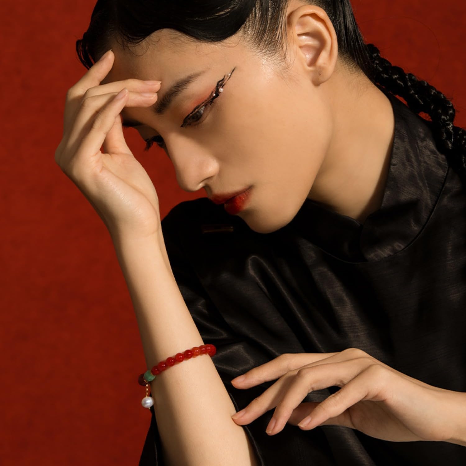 S925 Sterling Silver Jadeite Bracelets, Red Agate Jadeite Pearl Beaded Barrel Bead Rhodonite Dzi Bracelet with Lucky Koi Fish Charm, Gift for Friend on Birthday - Image 3