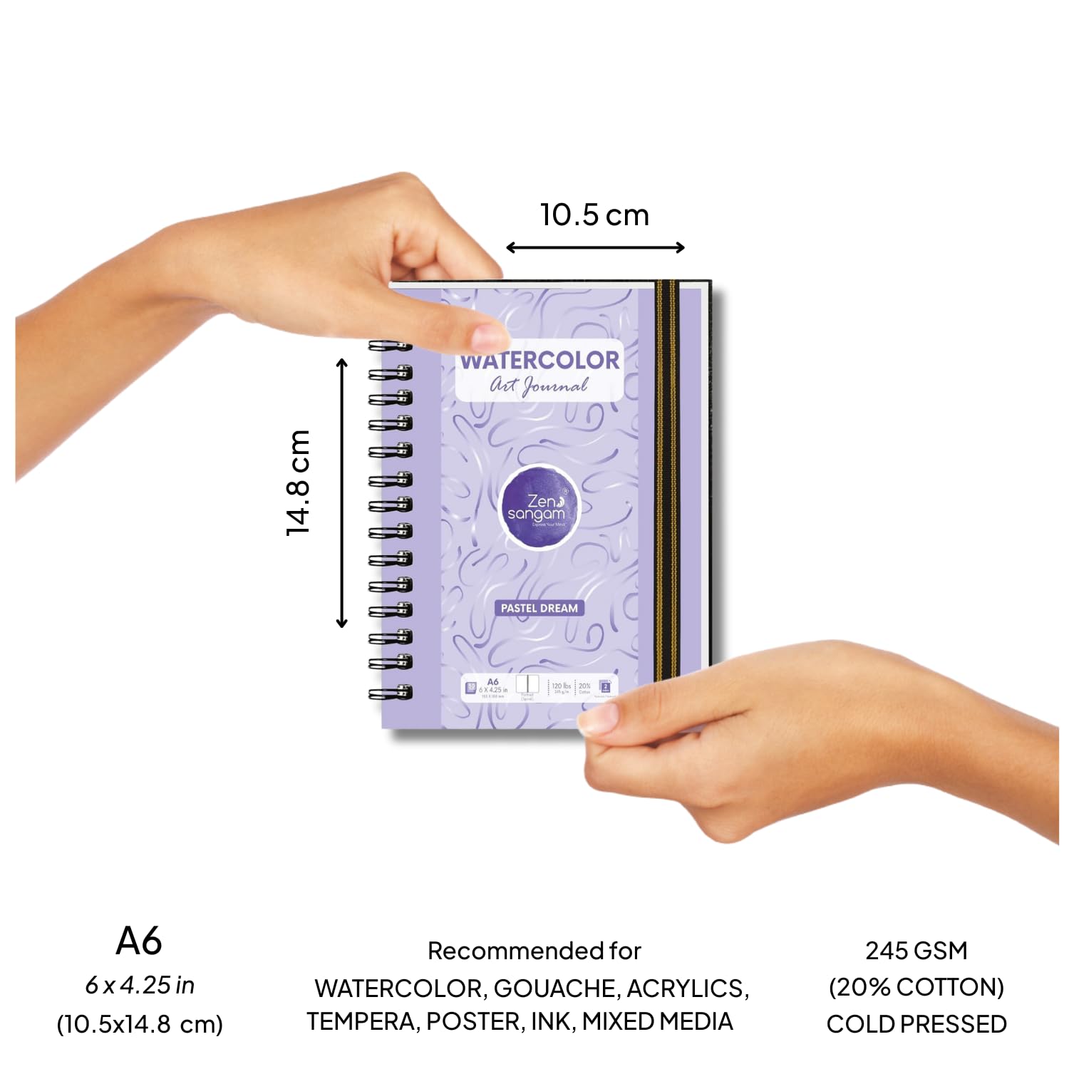 Zen SANGAM - Diario ad acquerello a spirale, formato A6, 245 GSM, 20% cotone pressato a freddo, 25 fogli (50 pagine), resistente per artisti e professionisti, senza acidi, 10,5 x 14,8