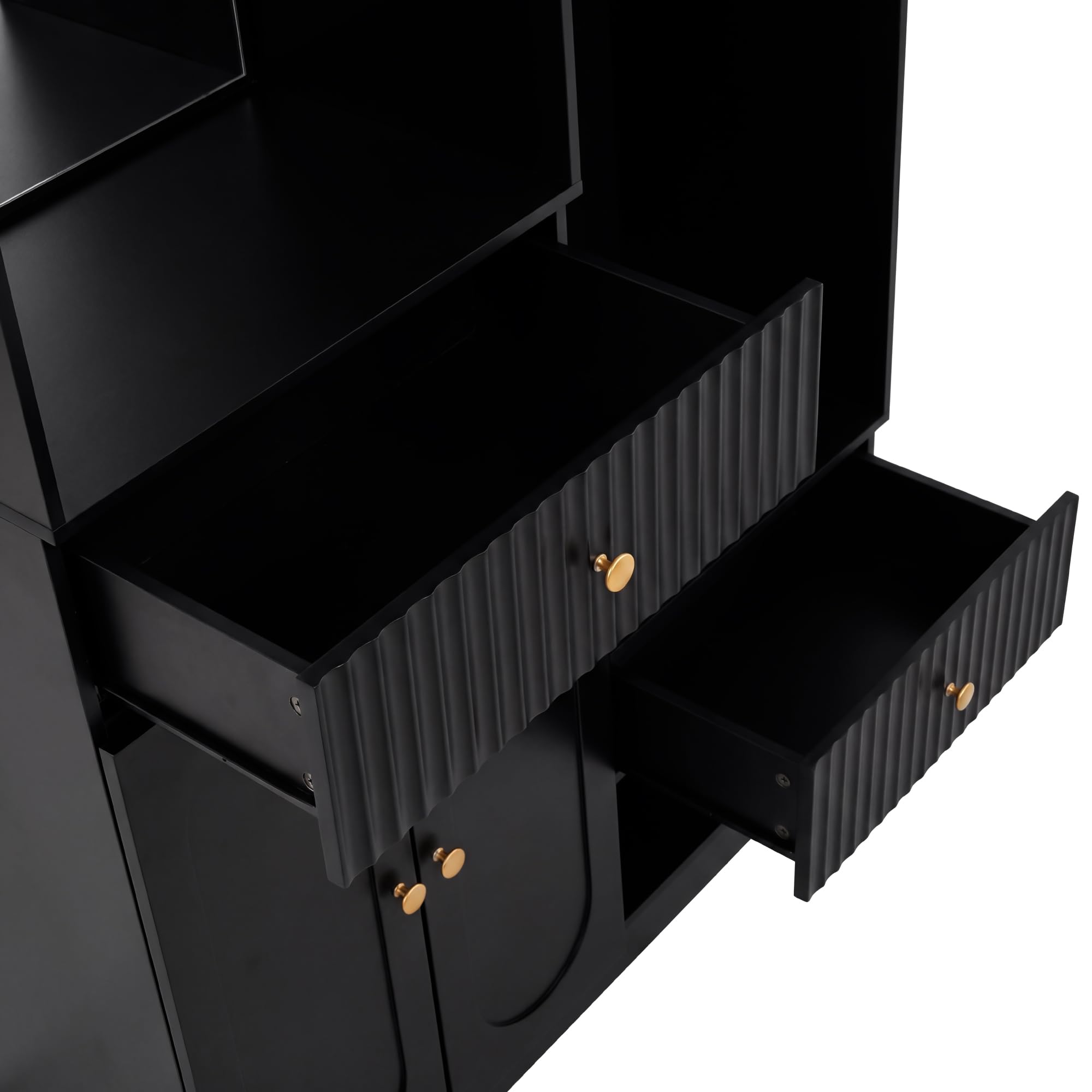 Garderobe Set Garderobenschrank Höhe 180 cm mit LED Licht und Spiegel, Garderobenset Flurgarderoben Set mit Wandgarderobe und Sitzbank, Kompaktgarderobe Flurmöbel mit Haken und 2 Tür, Schwarz