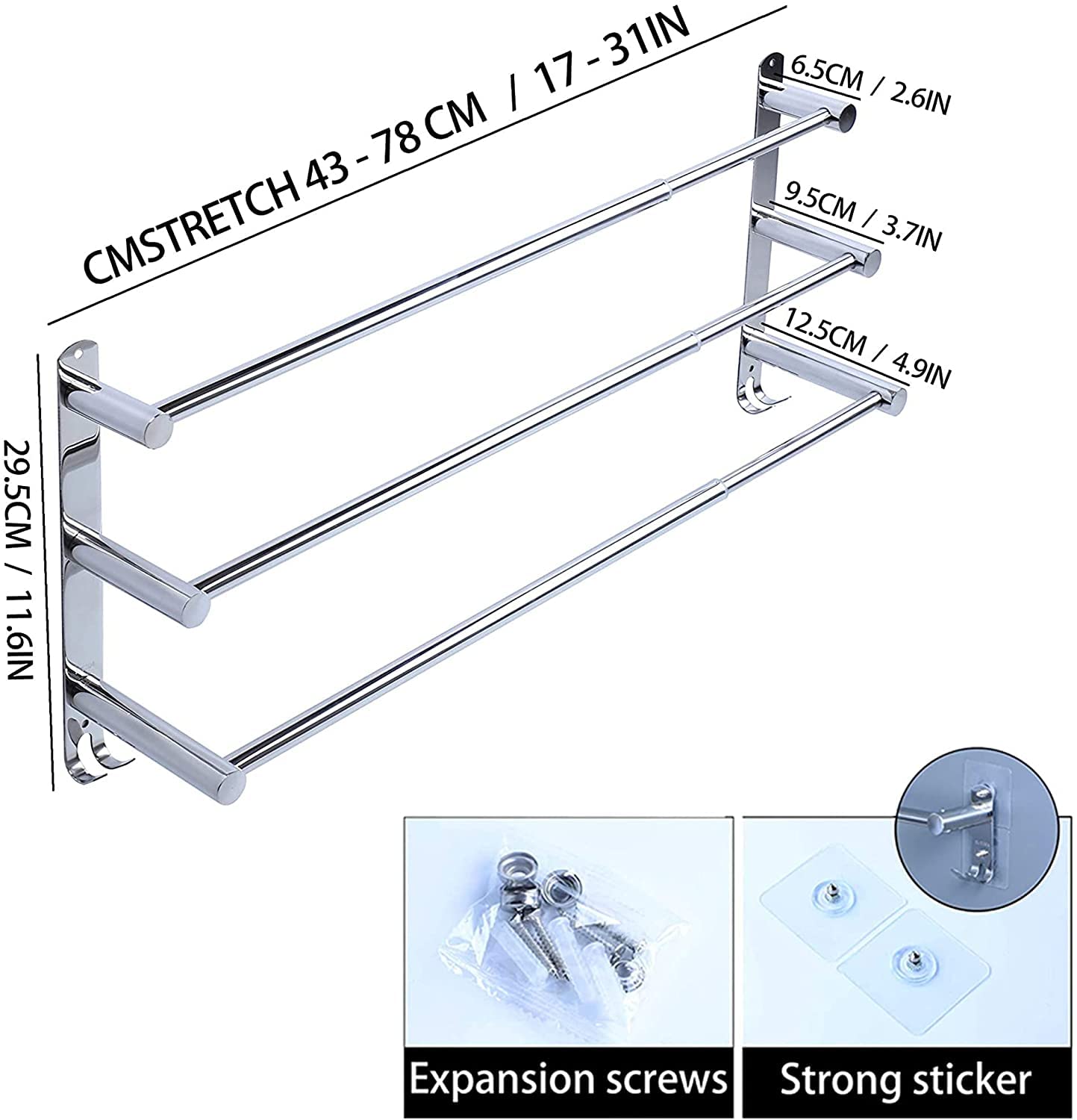 Acier Inoxydable Porte-Serviettes de Salle de Bain ，Rétractable Barres Porte-Serviettes Mural, Adhésif Niveaux sans perçage，pour Cuisine, Hôtel (Argent 3 Couches)