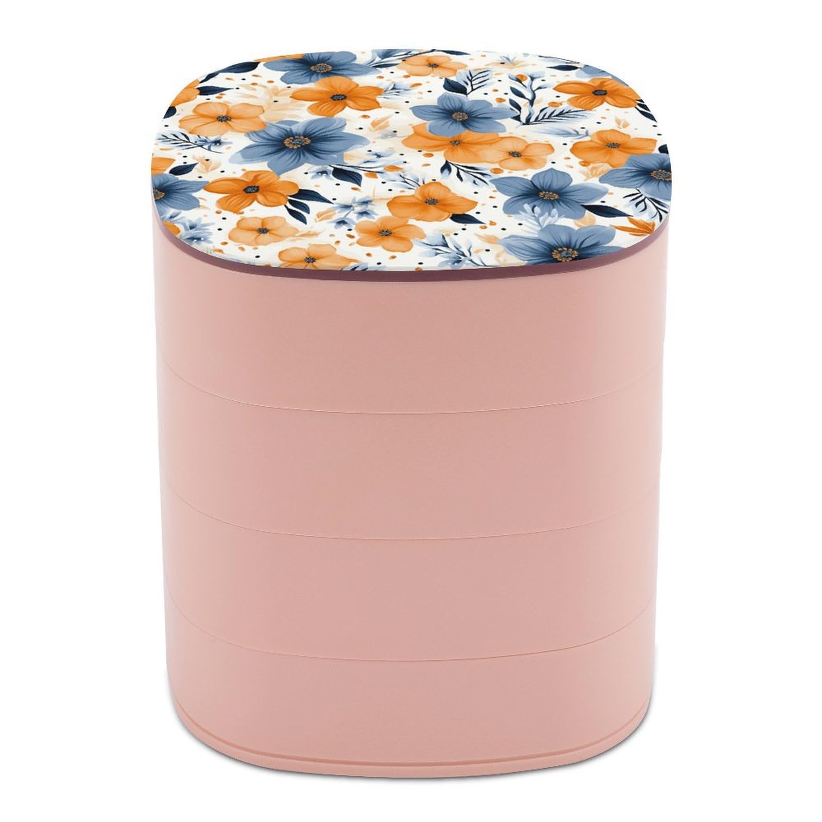 JTREHY Blue And Orange Flowers on White Background Jewelry Box 4-Layer Covered Rotating Jewelry Storage Box Large Capacity Storage Boxes Portable Jewelry Case for Bracelets Earrings Necklace