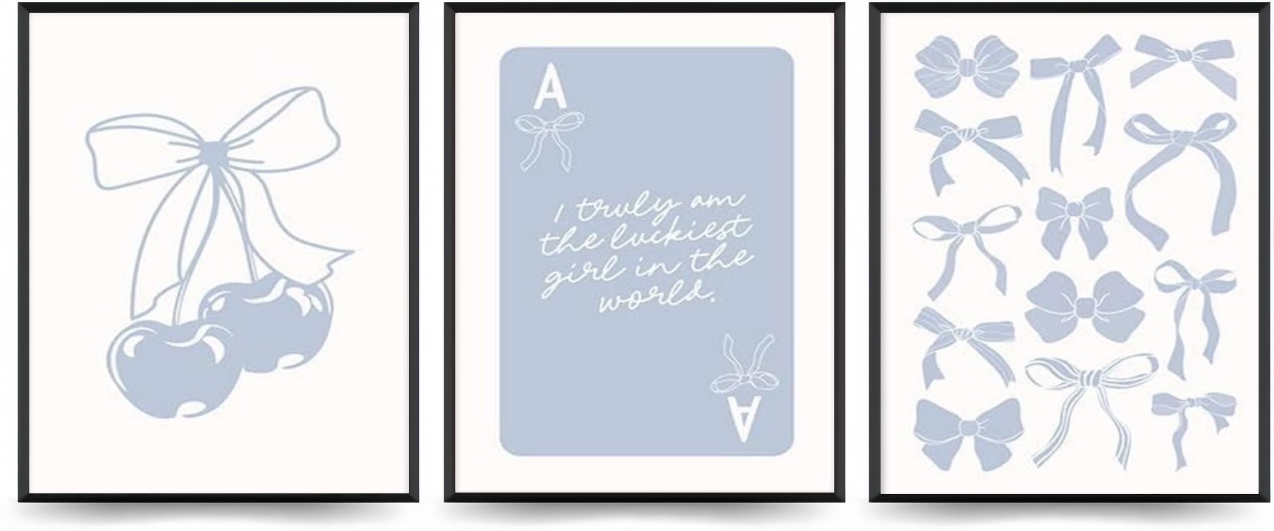 Linilioart Blue Preppy Bows Posters Cherry Bow Aesthetic Canvas Print Coquette Bows Painting Picture For Bedroom, Unframed (21X30cm)