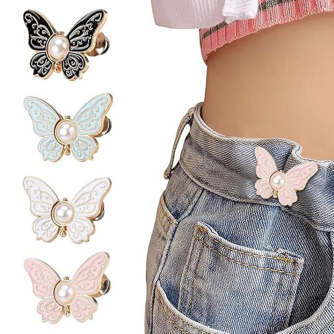 Shirt Brooch Buttons for Women | No-Sew Button Pins for Shirts & Jeans | Instant Waist Tightener Safety Pins Blouses, Pants & Dresses (4 Butterfly Brooch Buttons)