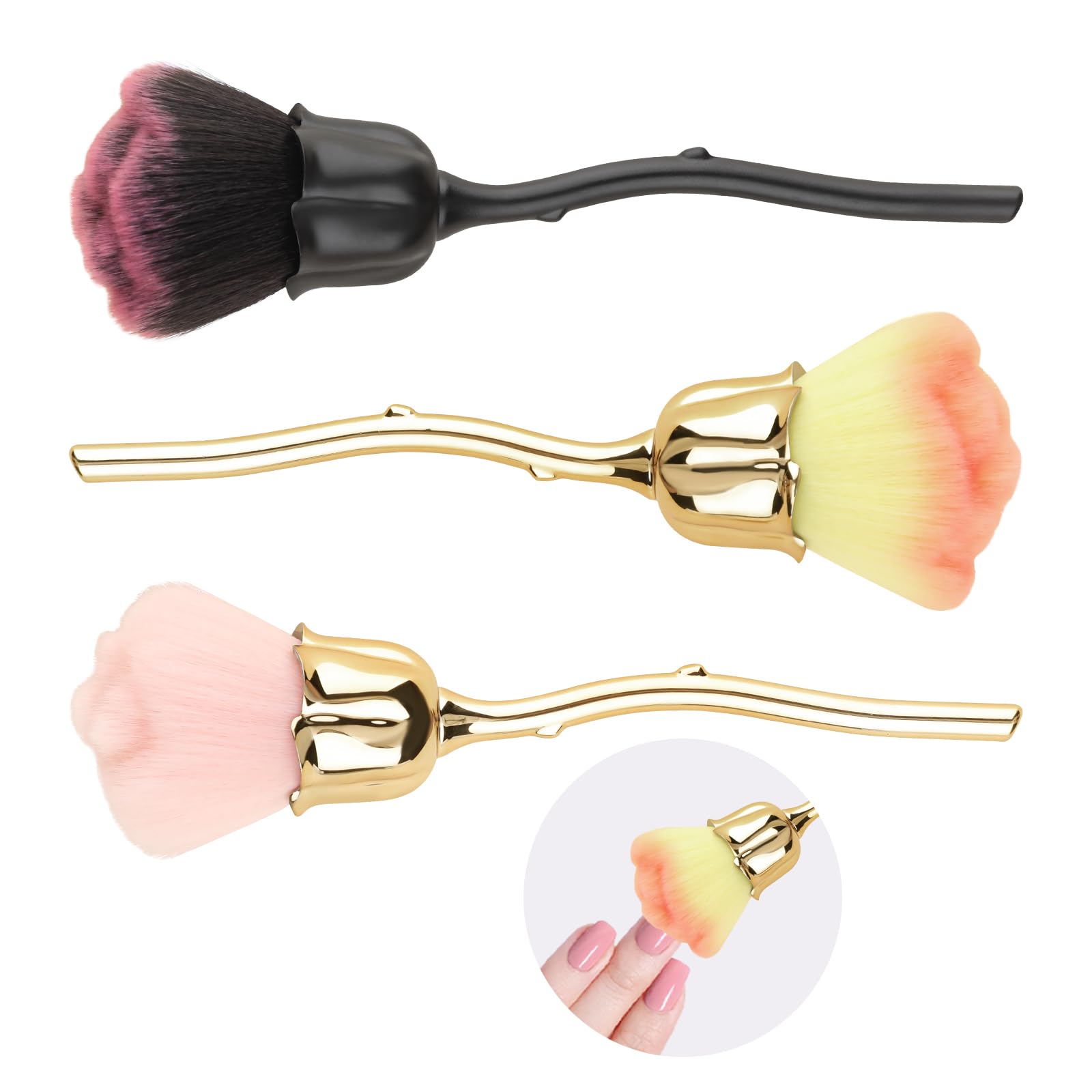 3 PCS Nail Art Dust Powder Remover Cleaner Brush, Rose Soft Brush Nail Art Manicure Dust Cleaner Brush, Acrylic Nail Art Brush for Nail Trimming