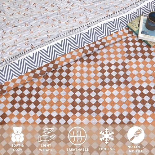 Image of TOAIArt Premium Jaipuri Dohar | AC Blanket Summer Quilt | Hand Block Printed | 3 Layers | Reversible | 150GSM 100% Mulmul Cotton | 100% Cotton Flannel Filling | King 108 inch X 90 inch|Brown Checks Blue Lines