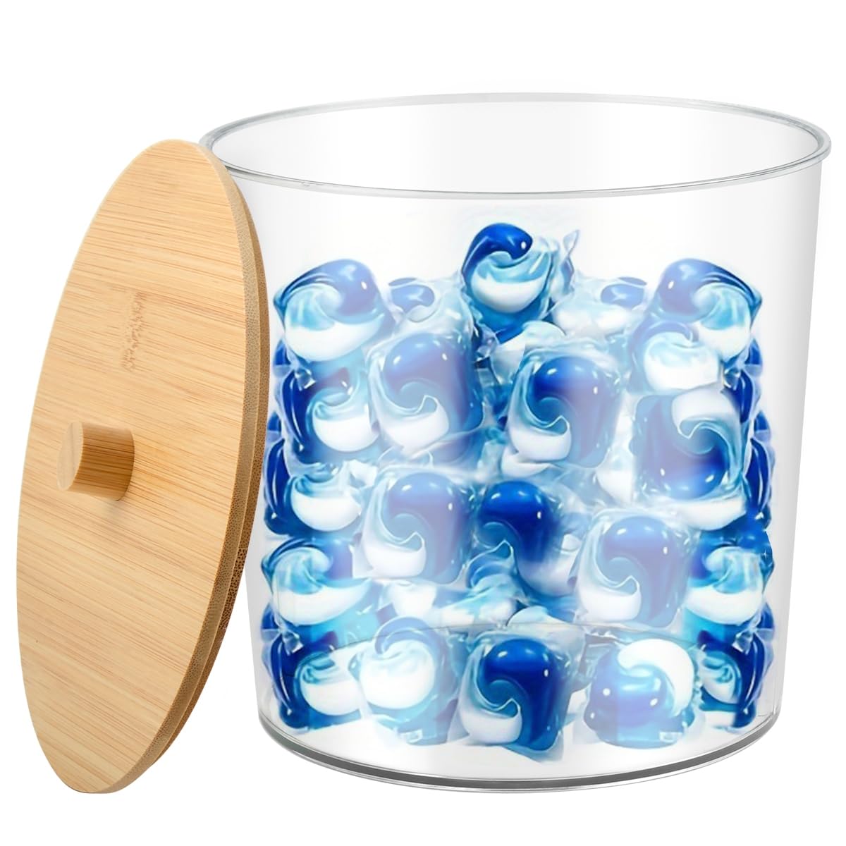 FOCCTS Laundry Storage Containers, Clear Plastic & Bamboo, Wide Mouth, 16.5*16*14.5cm, Laundry Pods, Detergent, Bath Bombs, Scent Booster Storage