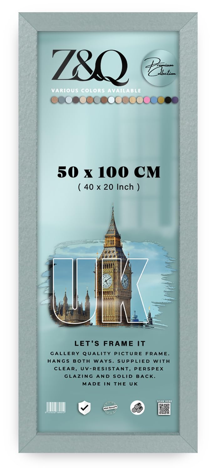 Z&Q | Engineered Wood MDF Poster Frame (50 x 100 CM) Classic Wall Display 40" x 20" Sturdy Picture Frame [ Silver ]