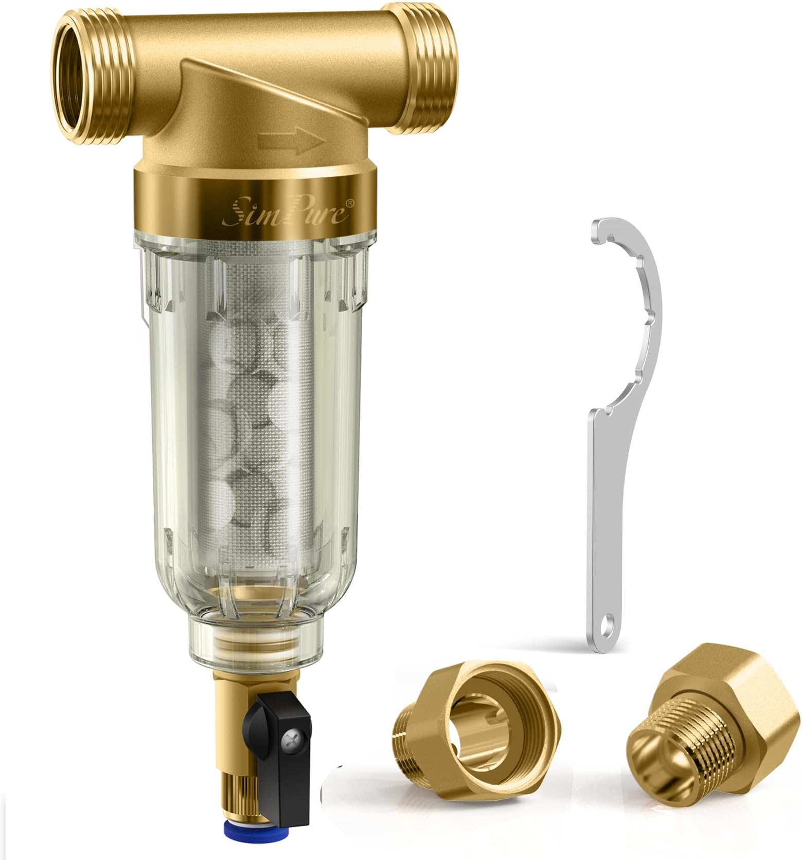 SimPure DC5S 40 Micron Spin Down Sediment Filter, Reusable Whole House Sediment Water Filter Softener with Siliphos Helps Prevent Scale and Corrosion, 1" MNPT + 3/4" FNPT + 3/4"MNPT, BPA Free