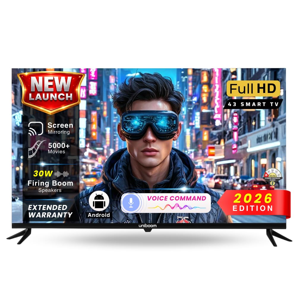 Uniboom_Optima Series 108 cm (43 inch) HD Smart LED TV| Android TV with Voice Command App | 5000+ Free Movies | 30W Sonic Boom Speakers | 500+ Certified Apps | Mobile Remote | 43S-ULT-AED