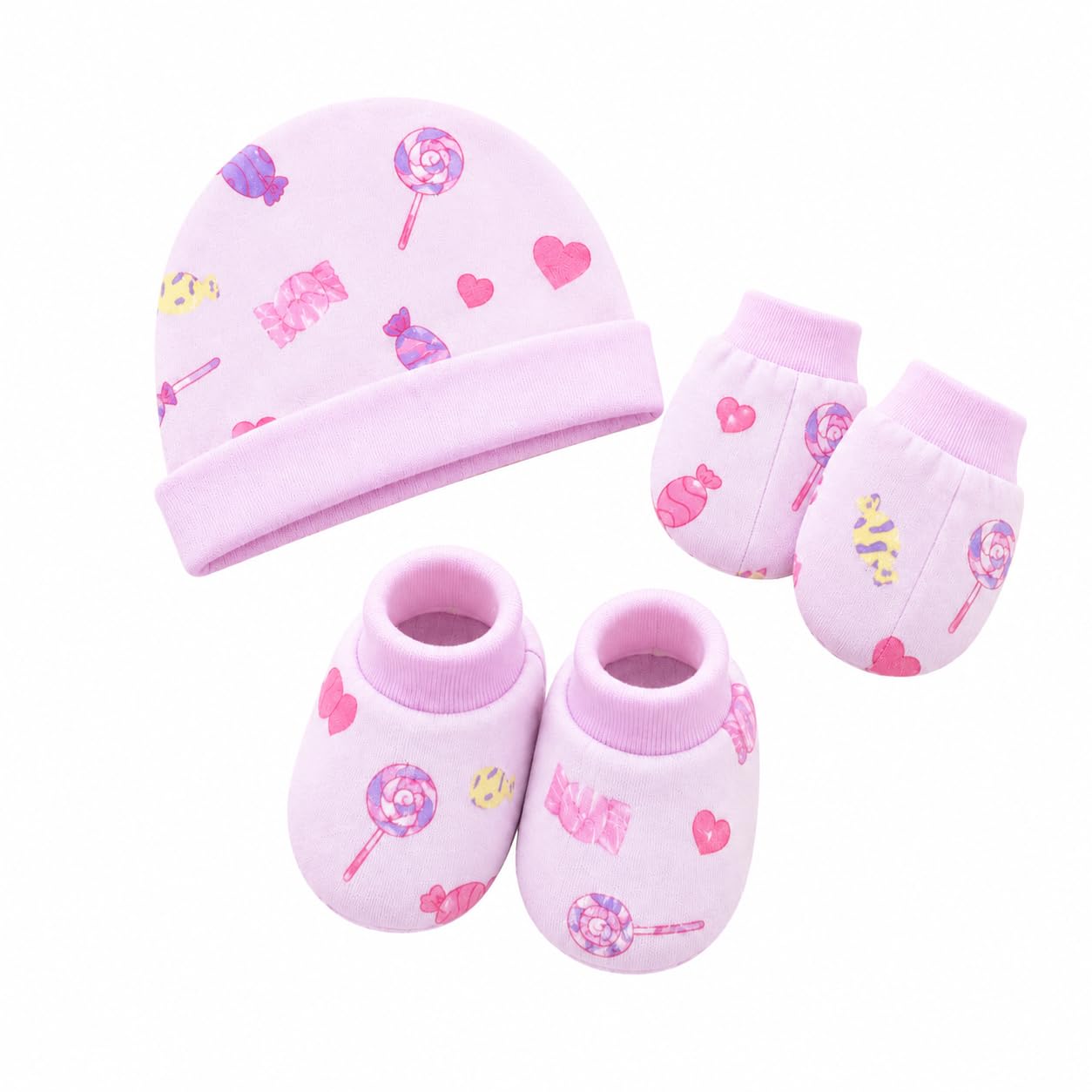 Zuzu Minis Baby Cap, Mitten and Booties Set, Purple, Cotton, Candy Print, Newborn, 3 Pieces-image-43