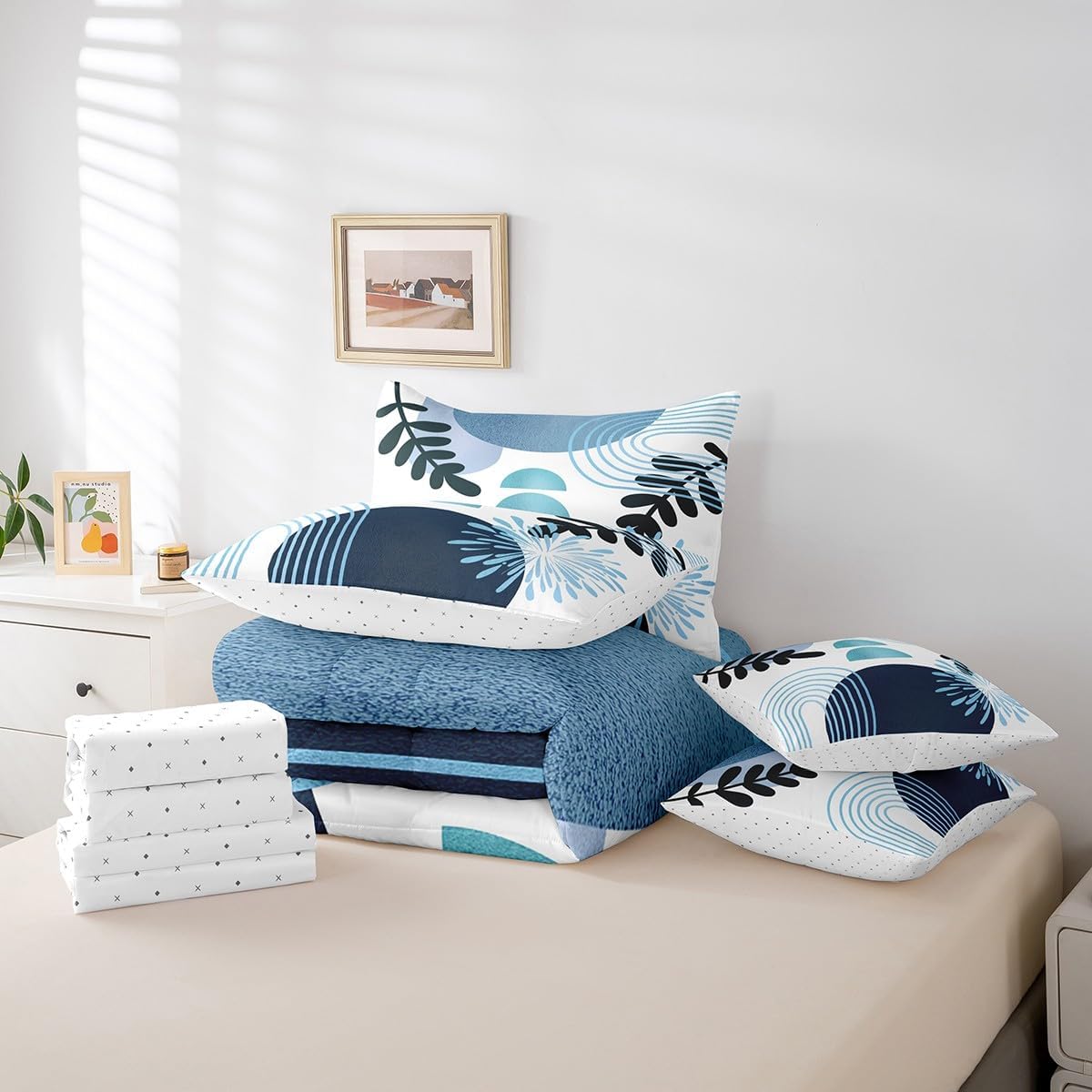 Boho Mid Century Bed in a Bag King Size Comforter Set 7 Pieces Abstract Geometric Modern Minimalist Bedding Sets,Geometric Line Art Sheet Set Circle Graphic Ombre Stripes Room Decor,Teal Blue