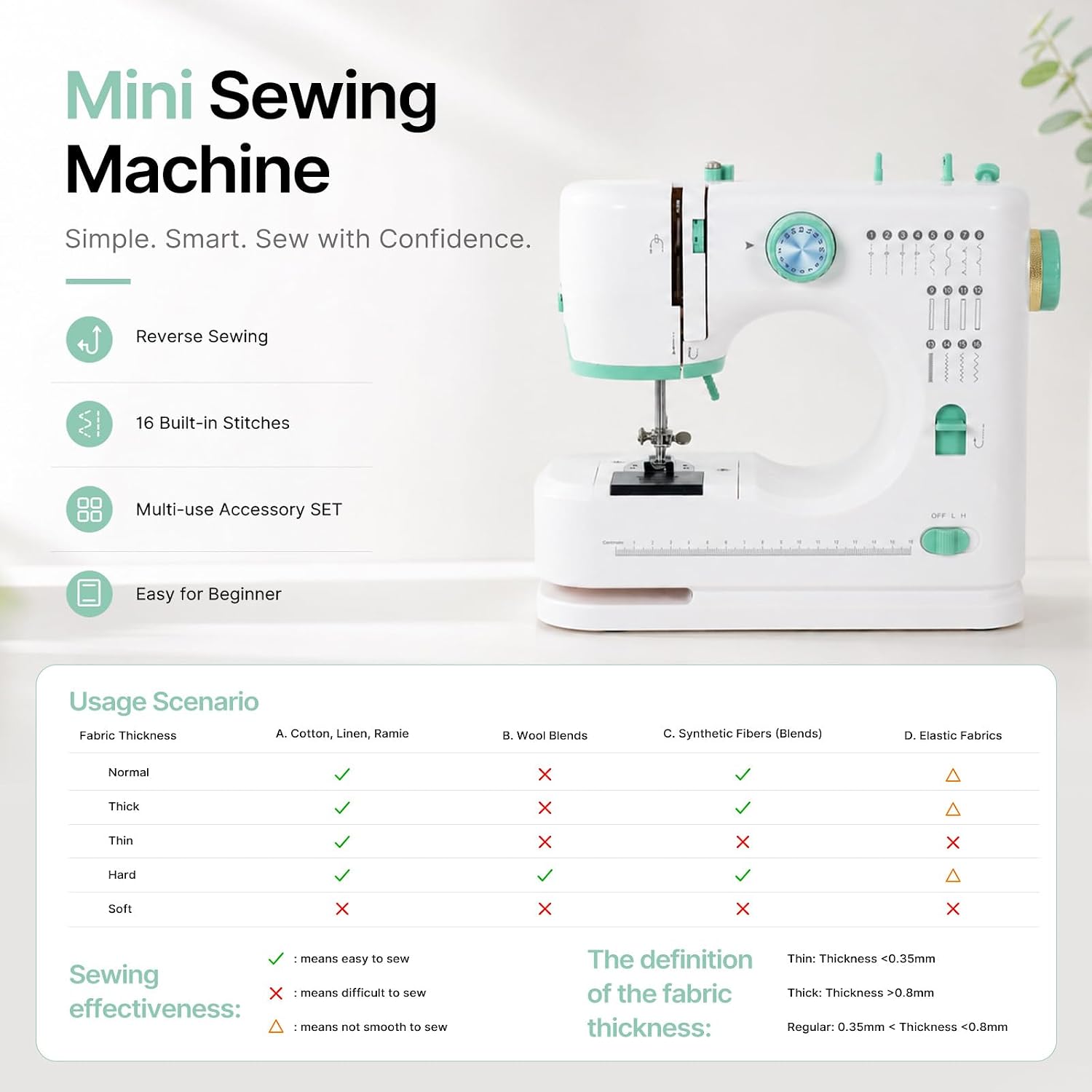 USOR 16-Stitch Sewing Machine for Beginners with Foot Pedal and 2 Speeds | 16 stitch patterns, foot pedal and button control, 2 speeds, 32-piece thread kit, detailed manual, portable for home crafts