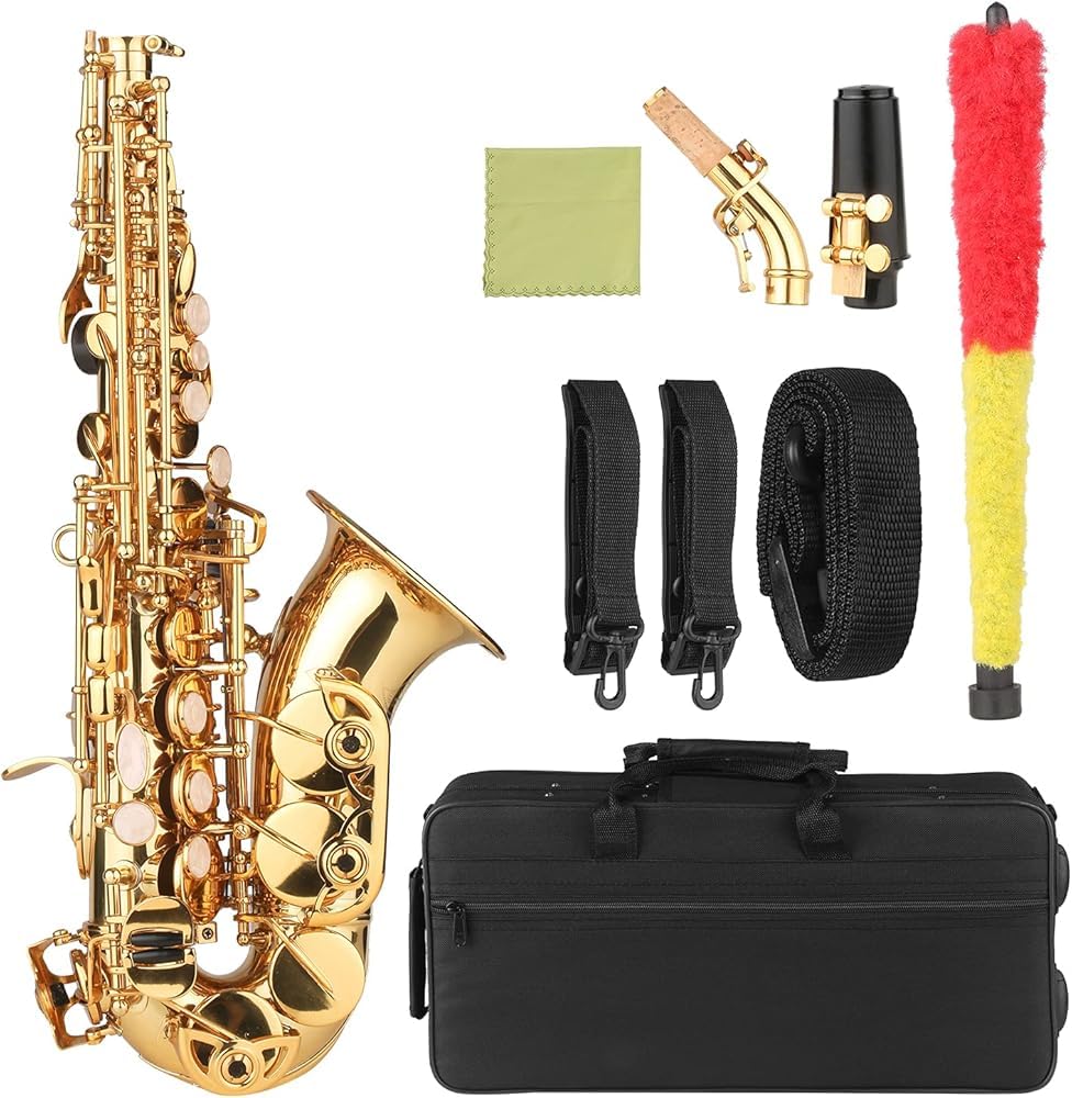 Saksofon, Bb saksofon sopranowy złoty lakier mosiężny saksofon z etui na instrumenty ustnik pasek na szyję ściereczka do czyszczenia szczotka dla muzyków początkujących, saksofon, saksofon
