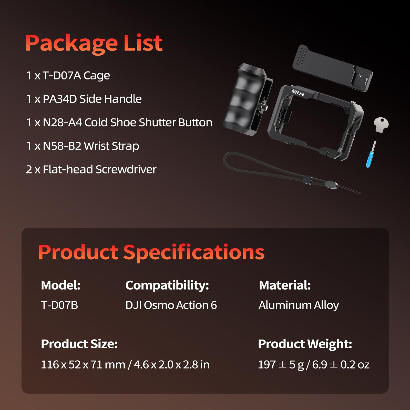 Nitze Käfig-Griffset für DJI Osmo Action 6, Kamera Streetfotografie Griff mit Action 6 Metallkäfig, Seitengriff, Handgelenkband und Cold Shoe-Auslöser für Stativ, Selfie Stick– T-D07B