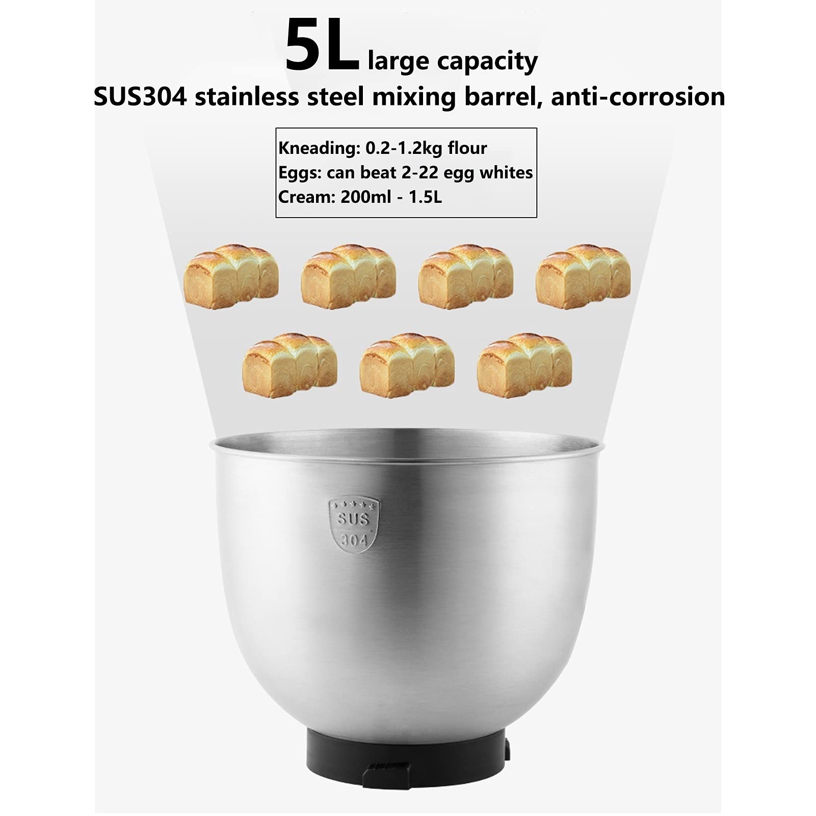 BLUNOA Robot da Cucina Professionale Frullatore Elettrico Multifunzione 5L di Grande capacità con Molti Accessori Facile da Usare E Pulire (Color : Black)