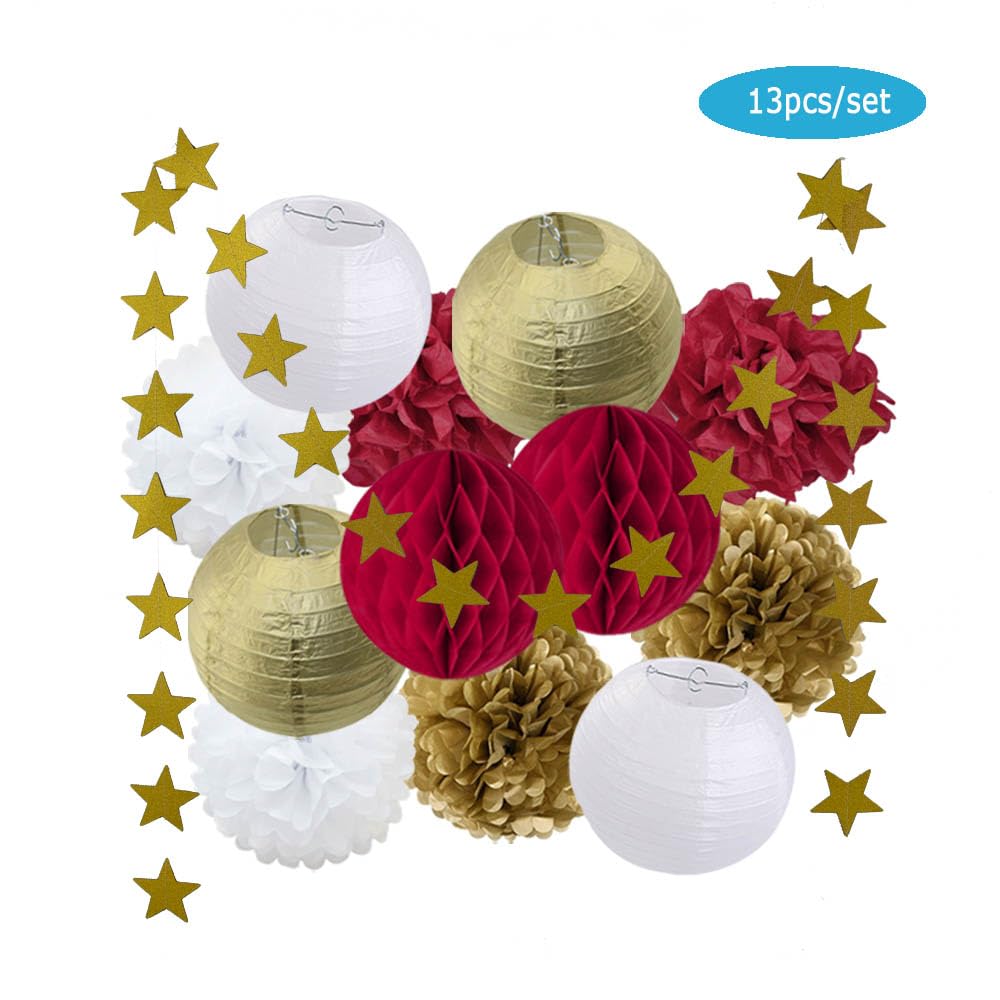 Papierowa latarnia, 13. urodziny Bar Mitzvah Party Favor Decor Złoty granatowy okrągły papierowy lampion Biały plaster miodu Chrzest DIY Brokatowa gwiazda(Gold Pink Set)