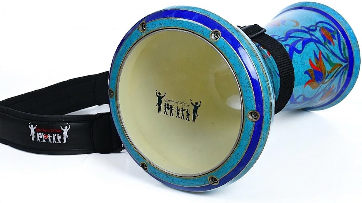 Professional Darbuka Strap - Adjustable Padded Shoulder Belt for Goblet Drum, Doumbek & Egyptian Tabla - Durable Black Synthetic Leather with Embroidered Logo